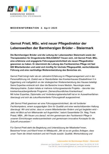 Vorschau Bild von Presseaussendung | Neuer Pflegedirektor | Barmherzige Brüder Kainbach