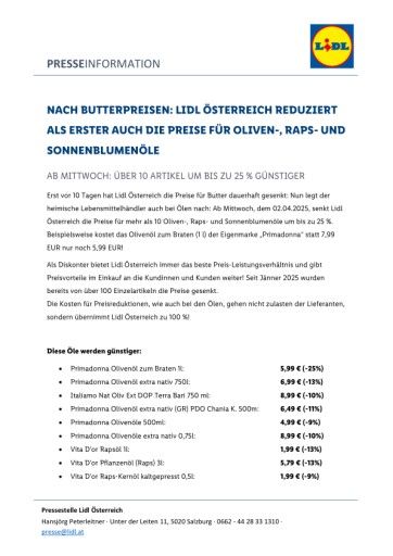 Vorschau Bild von Pressemitteilung - Lidl senkt erneut die Preise