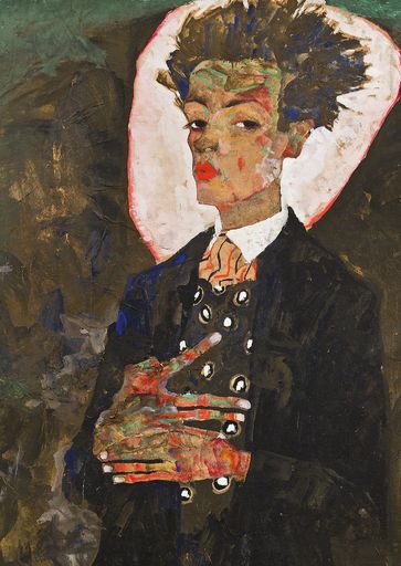 Egon Schiele, Selbstbildnis mit Pfauenweste, Privatbesitz