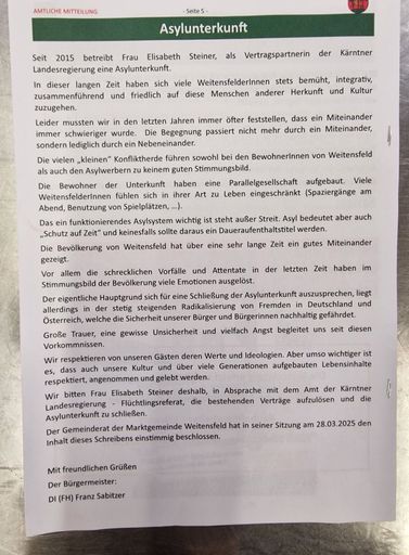 Vorschau Bild von Skandalöser Osterbrief ohne Vorankündigung und Gespräch mit den
Betreibern: So geht der Gemeinderat von Weitensfeld im Gurktal gegen
Geflüchtete vor.