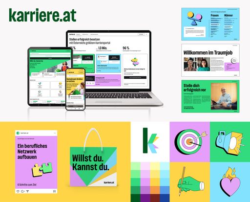 Vorschau Bild von Das Grün ist satter, die Farbpalette größer: karriere.at zeigt
sich mit dem völlig neuen Markenauftritt dynamisch und vielseitig
wie die moderne Arbeitswelt. Nur der bekannte Claim „Willst du.
Kannst du.“ bleibt unverändert.