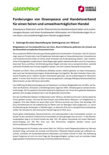 Vorschau Bild von 4-Punkte-Forderungskatalog von Handelsverband & Greenpeace für ein Level Playing Field im europäischen Handel