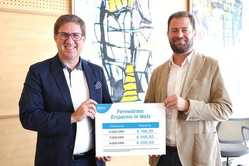 Vorschau Bild von eww Aufsichtsratsvorsitzender Andreas Rabl und eww Vorstand
Florian Niedersüß präsentieren die Preisersparnis für Welser
Haushalte