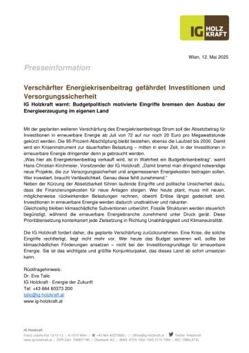  Presseaussendung Verschärfter Energiekrisenbeitrag gefährdet Investitionen und Versorgungssicherheit