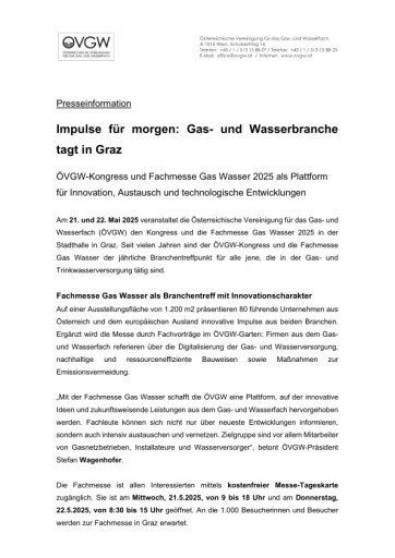 Vorschau Bild von Presseinformation zum ÖVGW Kongress und zur Fachmesse Gas Wasser in Graz von 21. bis 22. Mai 2025