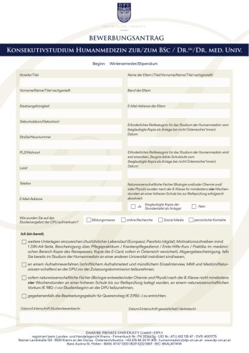  Mit diesem Anmeldeformular können sich interessierte angehende Medizin-Studenten aus Bayern für ein Stipendium an der Danube Private University bewerben.