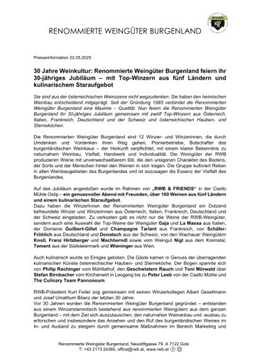 Vorschau Bild von Information zum Jubiläumsevent "30 Jahre Renommierte Weingüter Burgenland"