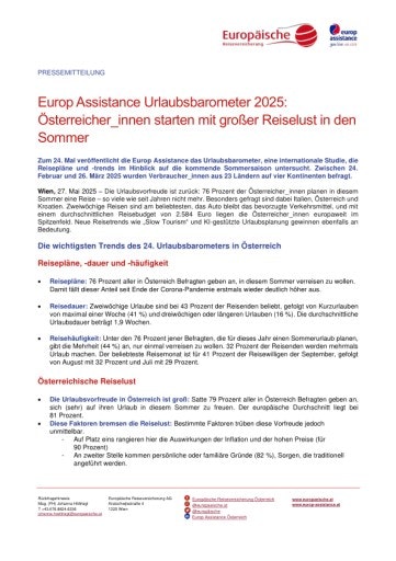 Vorschau Bild von Europ Assistance Urlaubsbarometer 2025. Untersucht Urlaubstrends und -gewohnheiten in 23 Ländern auf vier Kontinenten.