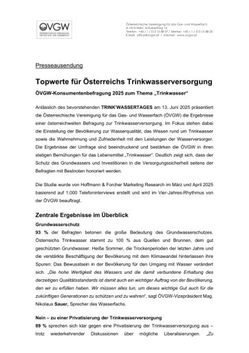Vorschau Bild von Presseaussendung Text: Topwerte für Österreichs Trinkwasserversorgung, ÖVGW-Konsumentenbefragung 2025 zum Thema „Trinkwasser“