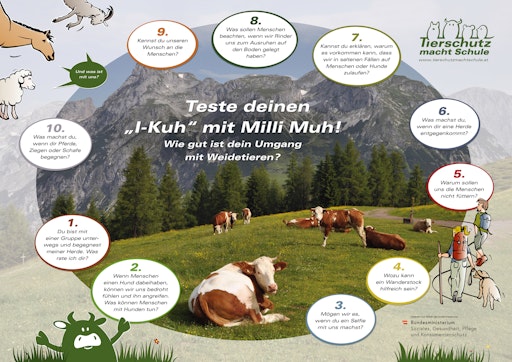 Vorschau Bild von Es vermittelt richtiges Verhalten bei Begegnungen mit Weidetieren
und leistet somit einen wichtigen Beitrag zum Tierschutz. Die
Informationsblätter enthalten weitere Ideen für spannende
Schulstunden.Das Unterrichtsmaterial kann von Schulen kostenlos,
exkl. Versand, bestellt werden.