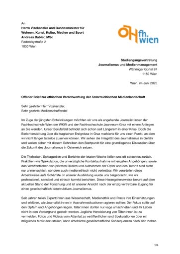  Offener Brief von Studierendenvertretungen an Vizekanzler und Medienminister Andreas Babler
