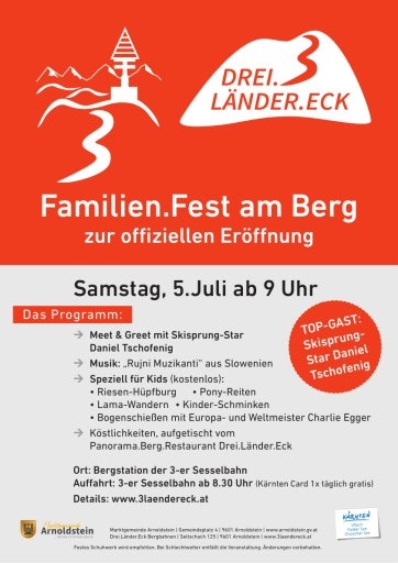 Vorschau Bild von Zum Saisonstart am Samstag, 5. Juli 2025, laden die Dreiländereck Bergbahnen nicht einfach zu einer offiziellen Eröffnung, sondern sie bitten alle Interessierten hinauf auf ihren Berg, zu einem großen Familien.Fest mit vielfältigen Erlebnis- und Musikprogramm für Klein und Groß.