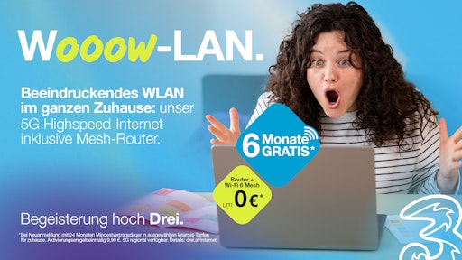Um Menschen in Österreich von der Stärke und Qualität des Drei
Internets zu überzeugen, gibt es bei Drei ab 3. Juli 2025 ein
unschlagbares Angebot: starkes Highspeed-Internet im gesamten
Zuhause inklusive Gratis-Router jetzt sechs Monate lang gratis. Das
Offert umfasst alle DataNet, MyLife DataNet und FixData
Internettarife von Drei. Für eine lückenlose WLAN Versorgung bis in
den letzten Winkel sorgt das inkludierte Mesh-Gerät (ZTE T5400 Ultra
Mesh), das ermäßigt und ab dem Tarif DataNet 200 gratis ist. Mehr
auf www.drei.at/internet