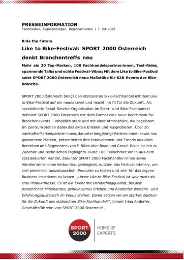 Vorschau Bild von Like to Bike-Festival: SPORT 2000 Österreich denkt Branchentreffs neu.