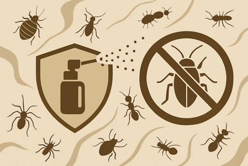 Illustration zur professionellen Schädlingsbekämpfung, zeigt
Symbole für Insekten und Schutz.
