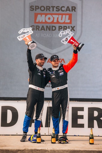 Philipp Eng celebrates the first win of the season at the IMSA in Road Amercia (USA)