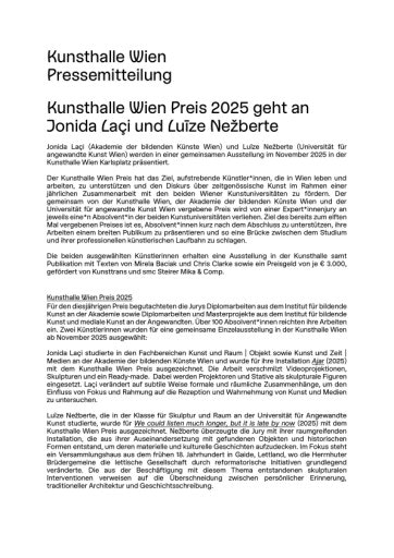 Vorschau Bild von Pressemitteilung: Kunsthalle Wien Preis 2025 geht an Jonida Laçi und Luīze Nežberte