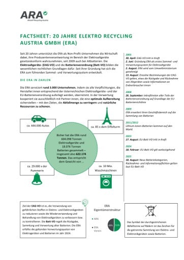 Vorschau Bild von Factsheet 20 Jahre ELEKTRO RECYCLING AUSTRIA GMBH (ERA)