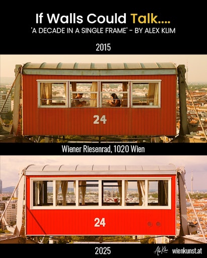 Wiener Riesenrad: 2015 hielt Filmemacher Alex Klim 63 Szenen der
Stadt fest. 2025 kehrte er zurück. dieselben Orte, derselbe Blick.
Das Ergebnis? Jede Aufnahme ein Echo der Vergangenheit, präzise ins
Heute geholt.