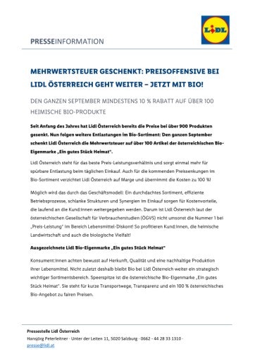 Vorschau Bild von Pressemitteilung Lidl Österreich - Mehrwertsteuer auf Bio-Produkte geschenkt