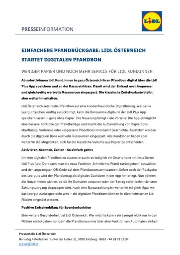 Vorschau Bild von Lidl Österreich führt digitalen Pfandbon ein