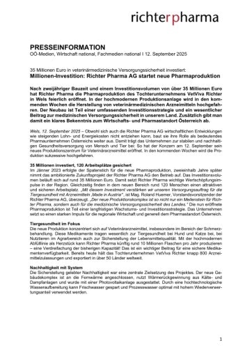 Vorschau Bild von Presseinformation der Richter Pharma AG: 35 Millionen Euro in veterinärmedizinische Versorgungssicherheit investiert: Millionen-Investition: Richter Pharma AG startet neue Pharmaproduktion