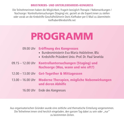Vorschau Bild von Programm für den Kongress für Brustkrebs- und
Unterleibskrebspatientinnen, Österreichische Krebshilfe, 1.10.2025,
Österreichische Akademie der Wissenschaften
