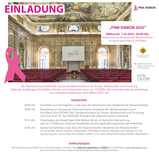 Vorschau Bild von Abendveranstaltung "Offizieller Auftakt der Pink Ribbon Aktion
2025", Österreichische Krebshilfe, 1.10.2025, Österreichische
Akademie der Wissenschaften nur geladene Gäste und
Medienvertreter:innen