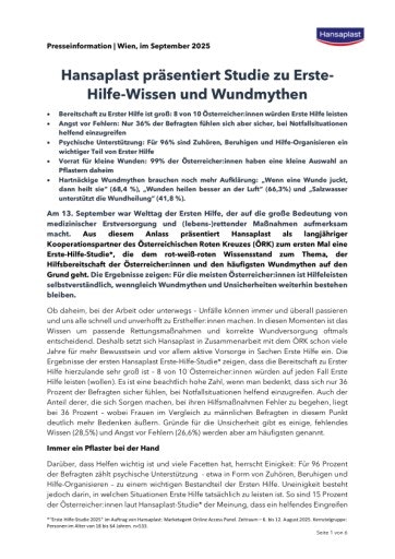 Vorschau Bild von Hansaplast Presseinformation: Studie zu Erste-Hilfe-Wissen und Wundmythen