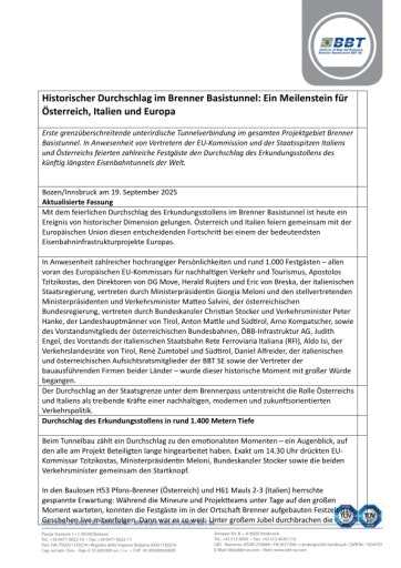 Vorschau Bild von Vollständige Pressemeldung Brenner Basistunnel inkl. Zitate