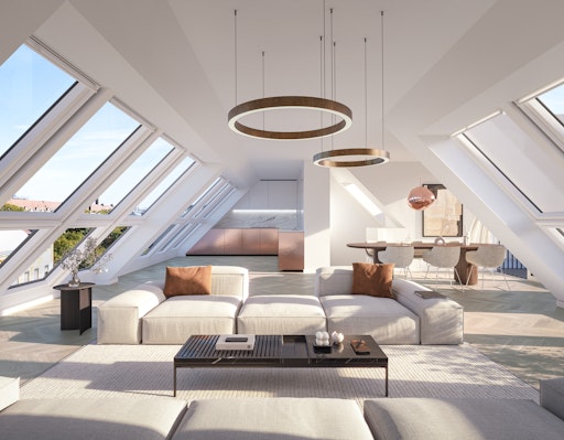 Vorschau Bild von Lichtdurchflutetes Wohnen: Großzügige Raumhöhen und weitläufige
Fensterfronten schaffen ein exklusives Wohngefühl im Dachgeschoß.