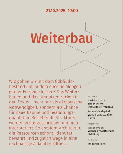 Wie können wir im Klimawandel mit dem Bestehenden weiterbauen,
umbauen, neue Zwischenräume schaffen? Der Wiener Städtische
Versicherungsverein und die ZV Architekt:innen laden auch heuer zu
drei Abenden, die aktuelle Fragen von Stadtumbau, Wohnen und
Lebensumfeld in den Fokus rücken.Internationale Architekturbüros und
Vertreter:innen der Stadt Wien diskutieren anhand konkreter Projekte
über die Chancen und Grenzen des Weiterbauens – immer im Dialog mit
dem Publikum.