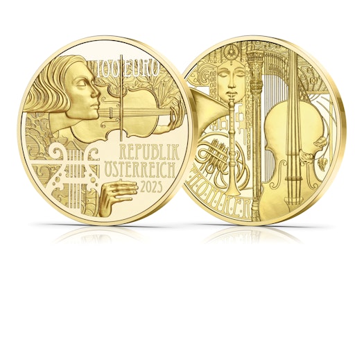 Vorschau Bild von Goldmünze 125 Jahre Wiener Symphoniker: Die Wertseite zeigt eine
Geigerin mit geschlossenen Augen. Hinter ihrem Kopf verläuft ein
Ornamentband aus stilisierten Lorbeerblättern, links unten ist eine
Lyra zu sehen. Die andere Seite präsentiert die Musikinstrumente
Wiener Horn, Harfe und Violoncello sowie die Muse Euterpe, Sinnbild
für die Schönheit und Kraft der Musik, eingerahmt von
Jugendstil-Ornamenten.