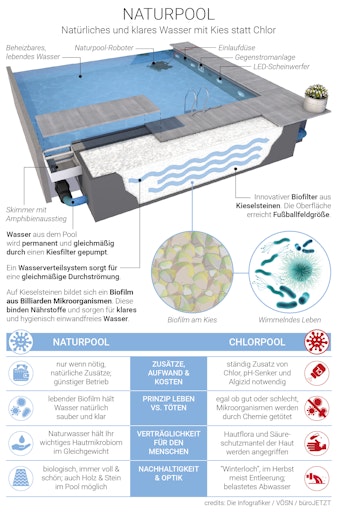 Vorschau Bild von Die Infografik erklärt den Unterschied zwischen einem Chlor- und
Naturpool und macht verständlich, wie das Wasser in einem Naturpool
klar und hygienisch einwandfei bleibt.