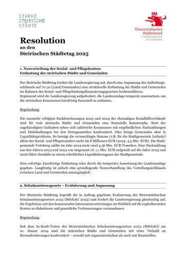  Resolution des steirischen Städtetages mit 3 Punkten zur Neuverteilung der Sozialkosten, Änderung bei der Schulassistenz, Unterstützung Grundsteuerreform