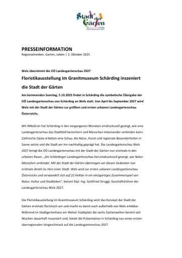 Vorschau Bild von Wels übernimmt die OÖ Landesgartenschau 2027: Floristikausstellung im Granitmuseum Schärding inszeniert die Stadt der Gärten