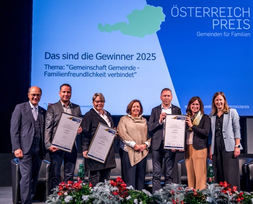 Bundesministerin für Europa, Integration und Familie Claudia
Plakolm und Gemeindebundpräsident DI Johannes Pressl zeichneten im
Rahmen des 71. Österreichischen Gemeindetages die diesjährigen
Preisträger des Österreichpreises „Gemeinden für Familien“ aus.