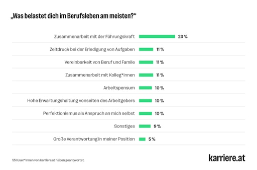 Vorschau Bild von Balkendiagramm: "Was belastet dich im Berufsleben am meisten?".
Die Antwortmöglichkeit "Zusammenarbeit mit der Führungskraft"
erhielt am meisten Zustimmung der 551 User*innen von karriere.at,
die diese Frage beantwortet haben, nämlich 23 Prozent.