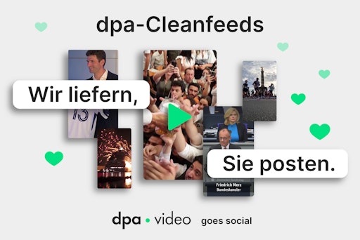 Start von dpa-Cleanfeeds - frischer Videocontent für Social Media
// Weiterer Text über ots und www.presseportal.de/nr/8218 / Die
Verwendung dieses Bildes für redaktionelle Zwecke ist unter
Beachtung aller mitgeteilten Nutzungsbedingungen zulässig und dann
auch honorarfrei. Veröffentlichung ausschließlich mit
Bildrechte-Hinweis.