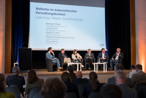 Im Panel "Welterbe im österreichischen Verwaltungskontext": Die
Expert*innen Rudolf Zunke (Stadt Wien), Lina Karner (Land
Burgenland), Petra Weiss (Bundesdenkmalamt), Bertram Werle
(Stadtbaudirektion Graz) und Peter Aichinger-Rosenberger (Land
Niederösterreich)