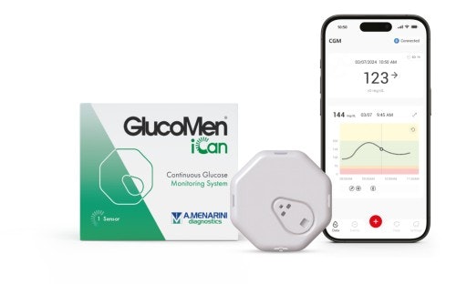  Darstellung GlucoMen iCan Monitoring System, Sensor und App.