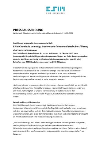 Vorschau Bild von ESIM Chemicals beantragt Insolvenzverfahren und strebt Fortführung des Unternehmens an.