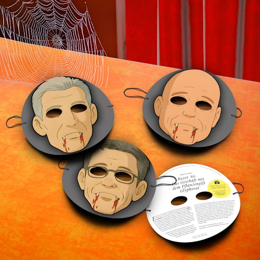 Halloween Masken: Philipp Navratil, CEO bei Nestlé; Dirk Van de
Put: CEO Mondelēz International; William N. Anderson,
Vorstandsvorsitzender des Agrarchemie-Konzern Bayer