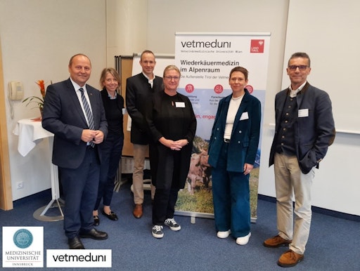 One Health Tirol. Gemeinsam für gesunde Menschen und Tiere,
Symposium am 22.10.2025; v.l.n.r.: Josef Geisler, Birgit
Hochenegger-Stoirer, Johannes Lorenz Khol, Martina
Marchetti-Deschmann, Patrizia Stoitzner und Matthias Gauly