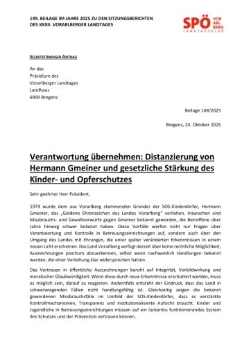 Vorschau Bild von SPÖ-Antrag "Verantwortung übernehmen: Distanzierung von Hermann Gmeiner und gesetzliche Stärkung des Kinder- und Opferschutzes"