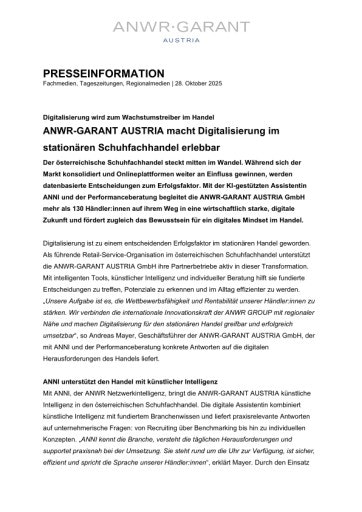 Vorschau Bild von ANWR-GARANT AUSTRIA macht Digitalisierung im stationären Schuhfachhandel erlebbar.