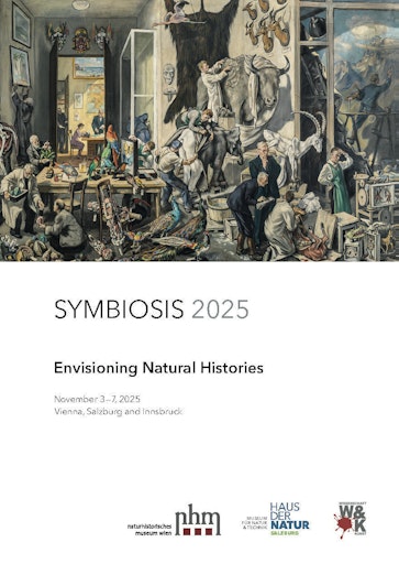 Titelblatt des Konferenzprogramms, darauf zu sehen ein Gemälde
von Wolfgang Grassberger, 1952, Aus dem Reich unserer Arbeit, (400 ×
180 cm, Haus der Natur). Dieses Gemälde, das von E. P. Tratz, dem
Gründer des Hauses der Natur, in Auftrag gegeben wurde, zeigt
verschiedene Arten, wie ein Museum Naturgeschichte visualisiert.
Unter Ausblendung seiner Rolle und der Rolle des Museums während der
NS-Zeit ist das Bild auch ein Zeugnis für Tratz' Drang nach
permanenter Selbstdarstellung – er ist mehrfach in der Umgebung
„seines“ Museums zu sehen.