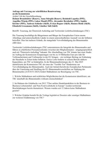 Vorschau Bild von Anfrage an EU-Kommission - Österreich-Aufschlag (NEOS, ÖVP, SPÖ)