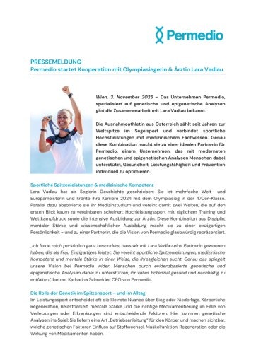Vorschau Bild von Presseinfo: Permedio startet Kooperation mit Segel-Olympiasiegerin und Ärztin Lara Vadlau
