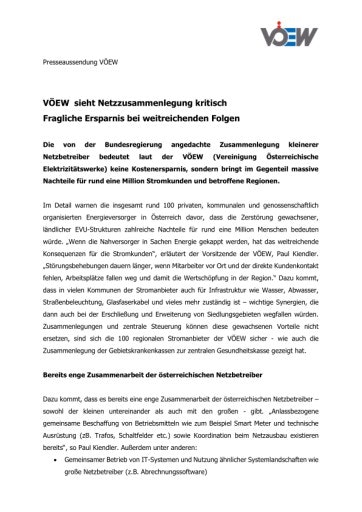 Vorschau Bild von gesamter Pressetext "VÖEW warnen vor Netzzusammenlegung"